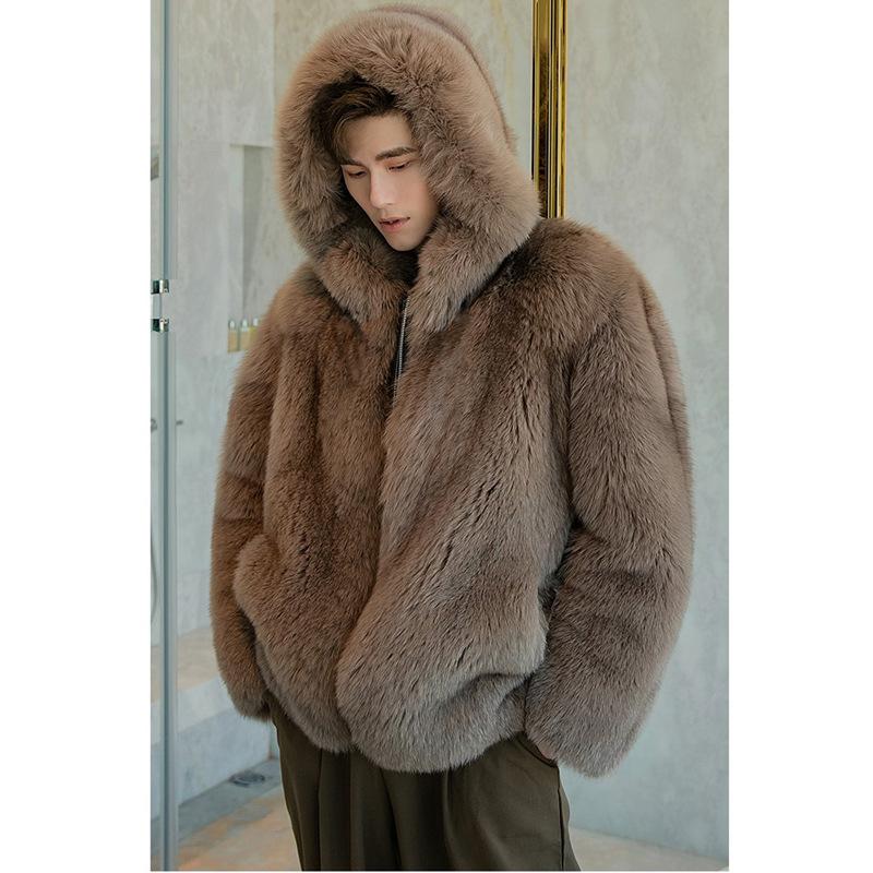 Autumn and Winter New Men's Imitation Fox Fur Coat Trendy Wool Coat Hooded Thickened Jacket Velvet Leather Jacket