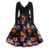 Women's Casual V-Neck Long Sleeve Halloween Print Vintage Dress for Halloween Party