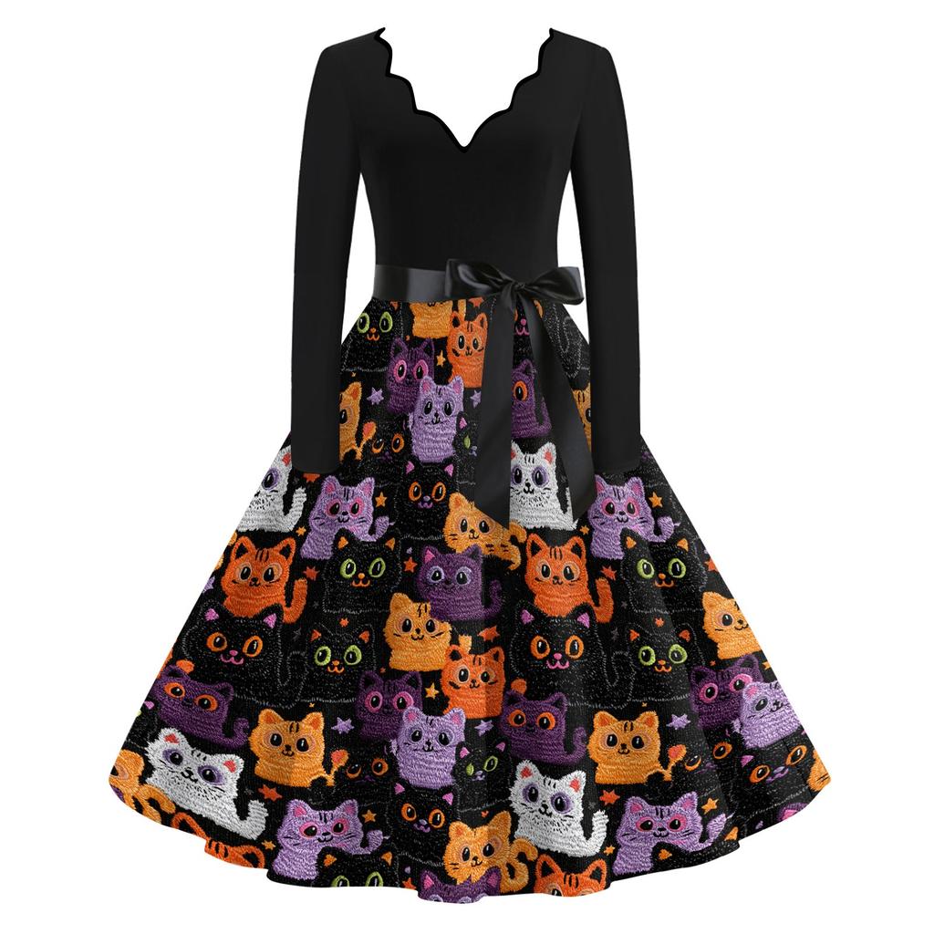 Women's Casual V-Neck Long Sleeve Halloween Print Vintage Dress for Halloween Party