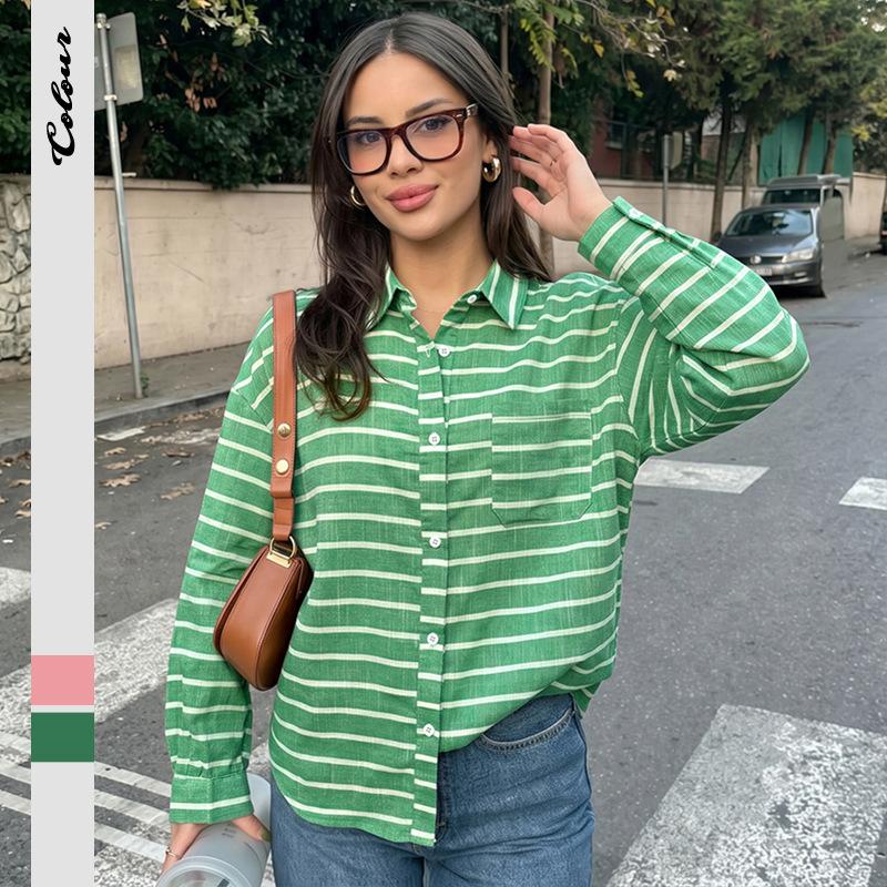 TIFICY Women s Fashion Casual Spring Autumn Stripe Print Long Sleeve POLO Neck Blouses & Shirts S