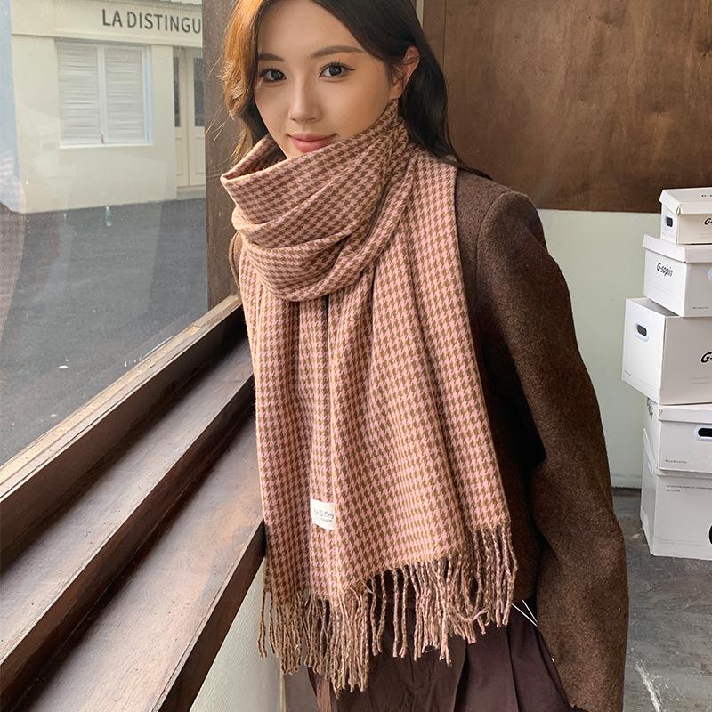 Autumn and Winter New Tassel Thousand Bird Grid Scarf Winter Women's Versatile Scarf Warm Shawl