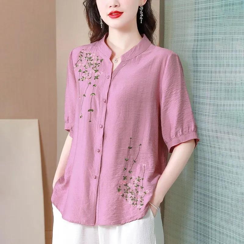 Fashion Embroidered Short Sleeved Cotton Linen Top Women's Summer Shirts Loose Cardigan Blouse Mother V-Neck Shirt Blaus 4XL