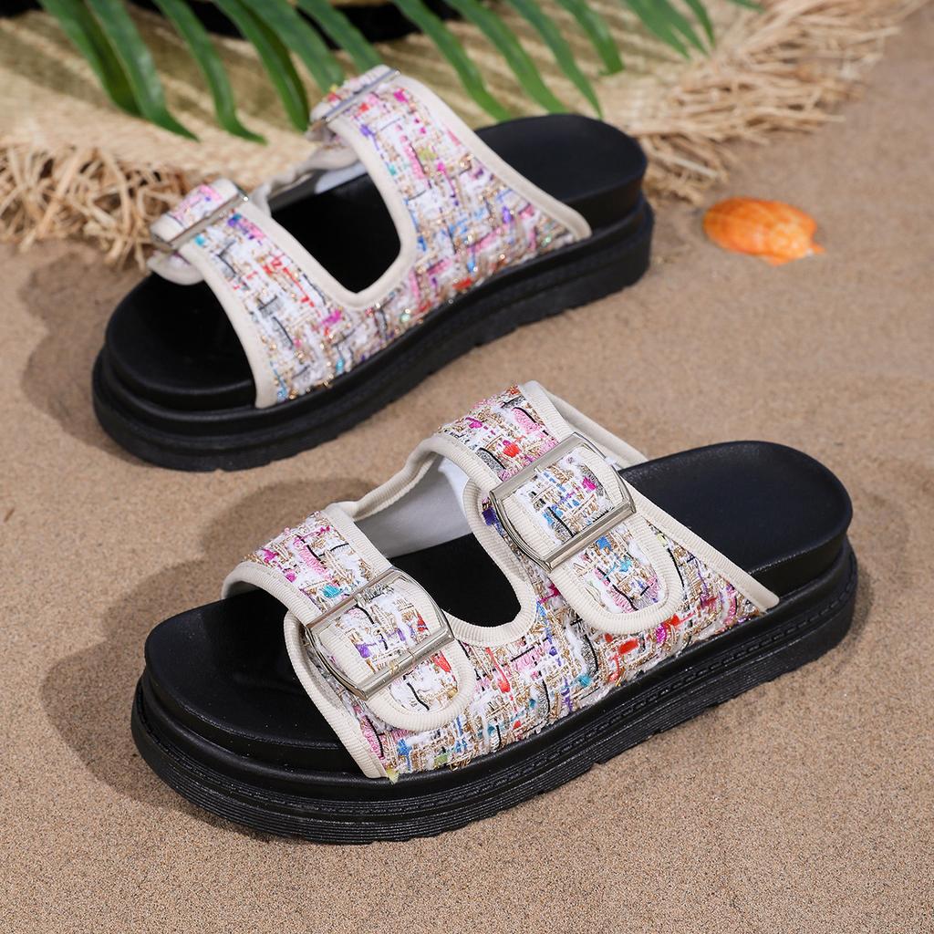European and American large-size flat-bottomed slippers 2025 summer new thick-soled belt buckle round head women's one-character sandals