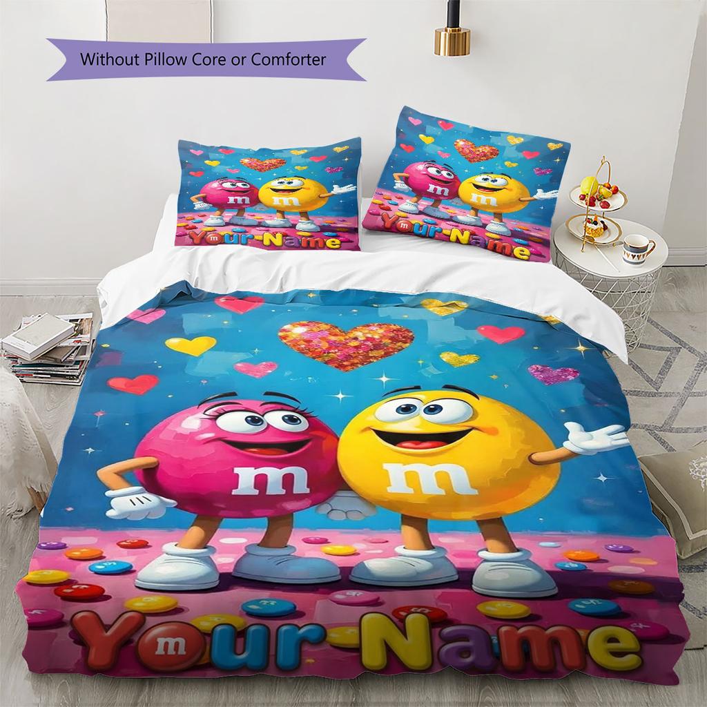 M&M's Custom Name Pattern Bedding,Quilt Set Quilt Cover Pillowcase Home Birthday Gift(1 * Duvet Cover + 2 * Pillowcase, Without Core)