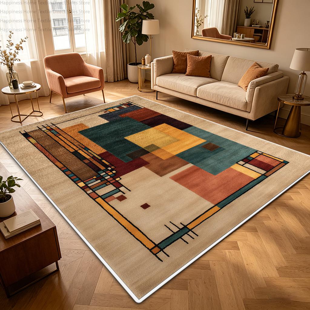 Nordic Retro Warm Colored Living Room Carpet Machine Washable Non-slip Decoration Bedroom Rug Short Velvet Study Geometric Mat