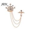Dark Light Zircon Brooch Men's Pin with Chain, British Crown Cross Angel Lapel Pin, Rhinestone Suit Cool Tone Silver Badge Tassel Chain for