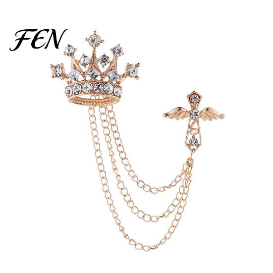 Dark Light Zircon Brooch Men's Pin with Chain, British Crown Cross Angel Lapel Pin, Rhinestone Suit Cool Tone Silver Badge Tassel Chain for