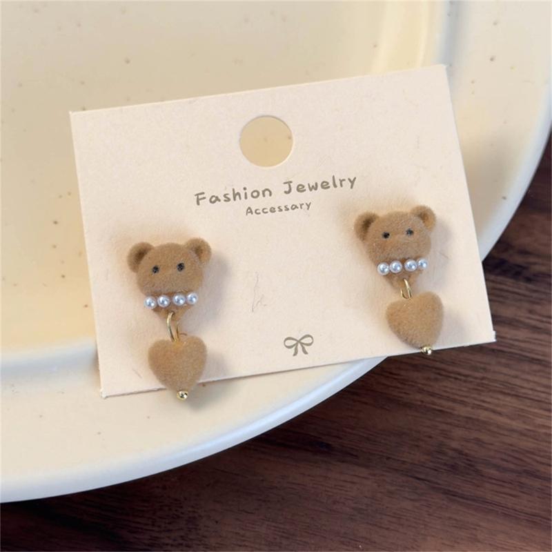 Autumn Winter Earrings Coffee Colored Flocking Bear Earrings Sweet Cartoon Style Ear Studs Suitable for Trendy Women