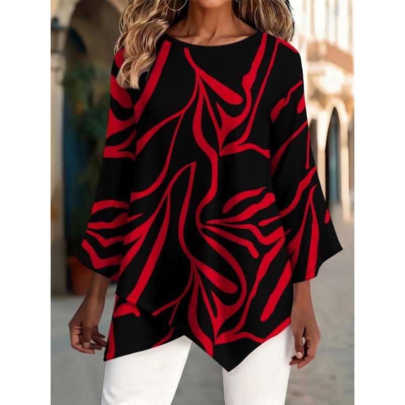 Modern Art Geometric Strip Print, Cross Hem Asymmetric Holiday Gift Women's Round Neck Three-quarter Sleeve T-shirt Spring and Summer