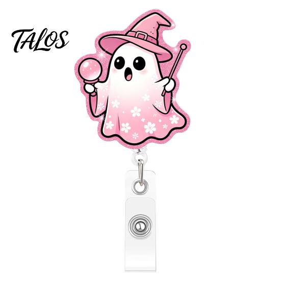 Pink Glitter Badge Reel Halloween Ghost Reel, Acrylic Retractable Holder Clip, Cute Heavy Duty ID Name for Women Nurse Teacher Medical Office