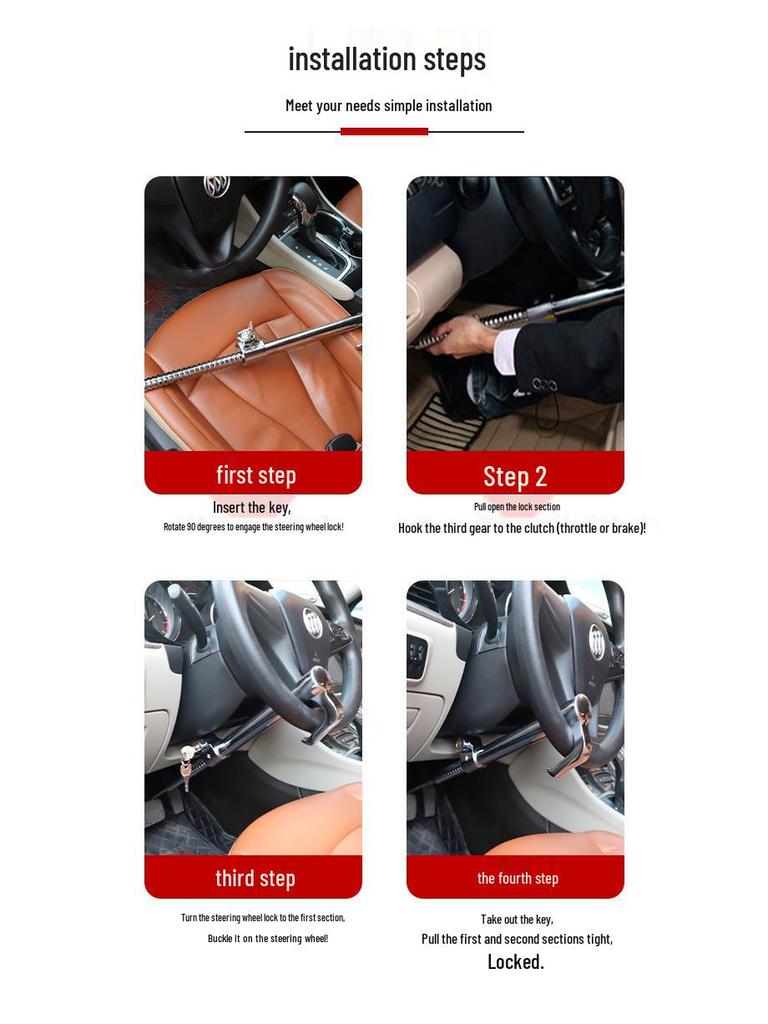 Steering Wheel & Throttle/Clutch Lock: Three-Section Double Hook Lock for Trucks & Buses.