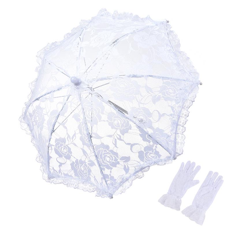 European White Lace Wedding Flower Girl Umbrella - Small Size with Stainless Steel Long Handle.