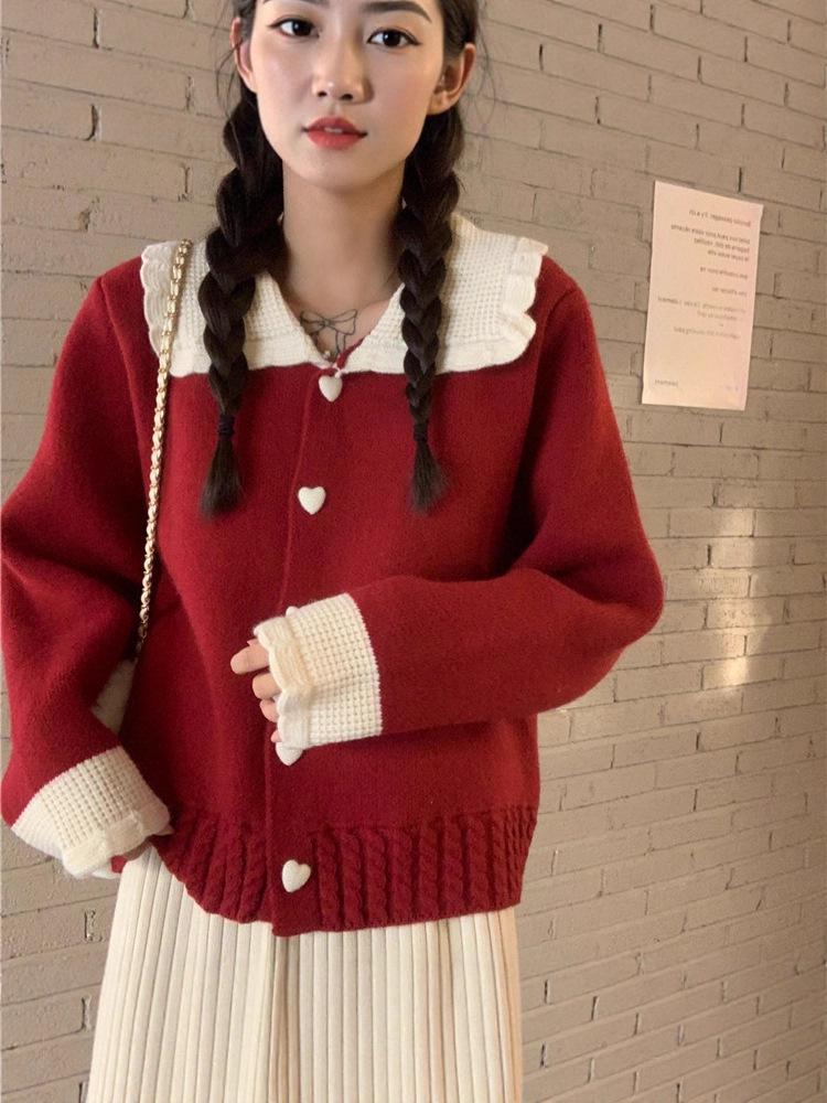 2025 Autumn/Winter Women's Chic Color Block Doll Collar Cardigan