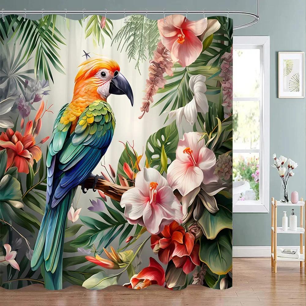 Tropische Pflanze Papagei Duschvorhang Aquarell Monstera Palmenblatt Vögel Rosa Floral Grüne Blätter Badezimmer Vorhänge Heimdekoration
