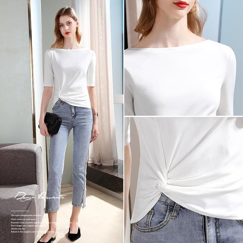 Medium-sleeved short-sleeved t-shirt women's spring and summer new women's clothing temperament one-word shoulder cotton t-shirt pleated waist top