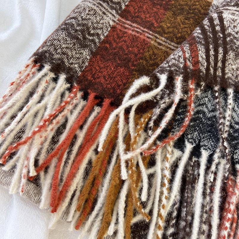 Women's High-End Plaid Tassel Shawl - Imitation Cashmere, Thickened & Warm for Autumn/Winter