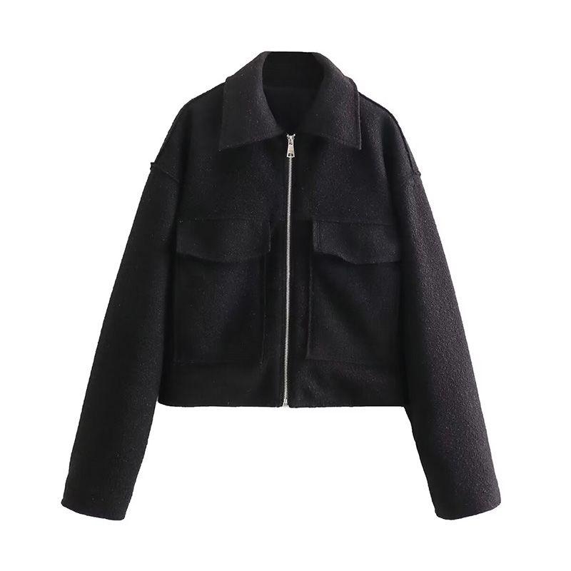 

One-Click Autumn Minimalist High-Grade Miu Series Large Pocket Profile Loose Woolen Lapel Short All-Match Outerwear Women Advanced Black L