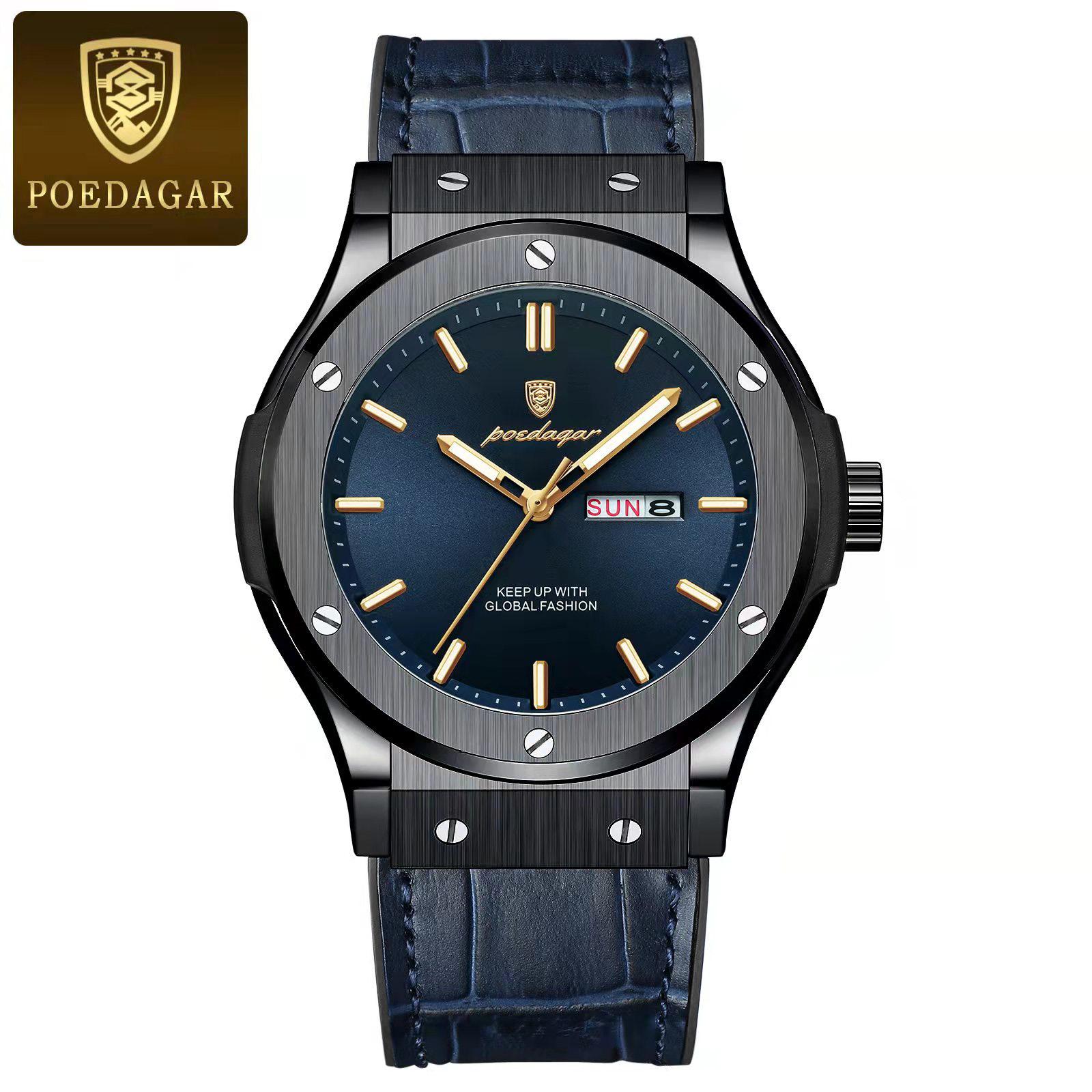 

POEDAGAR Luxury Business Watch for Men Waterproof Luminous Date Week Man Wristwatch Silicone Strap Fashion Quartz Watches чорний/синій
