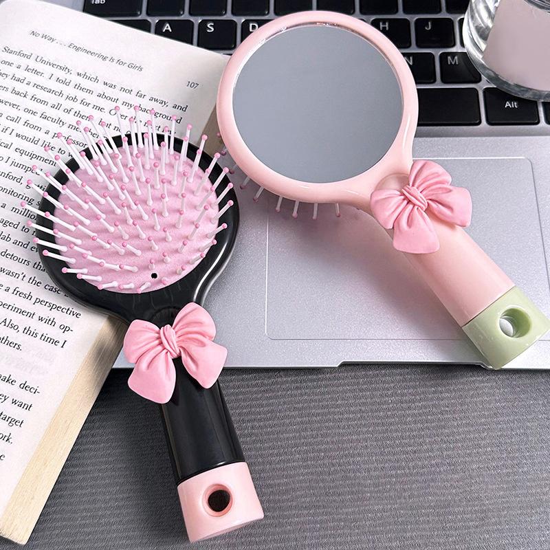 Cute Bow 2-In-1 Mirror Comb Cartoon Air Cushion Comb Portable Student Dormitory Girlfriend Style Handheld Hairdressing Comb