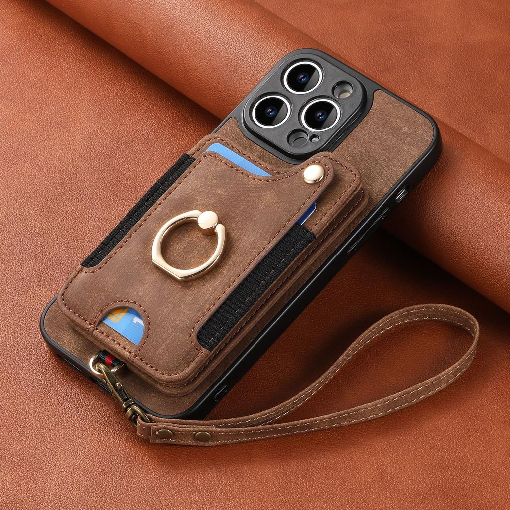 Rfid Blocking Pu Leather Phone Case With Ring Holder Strap Card Slot For Iphone