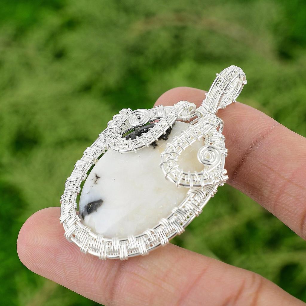 Oval Zebra Jasper Stone New Wire Wrapping Ethnic Pendant Jewelry Sterling Silver