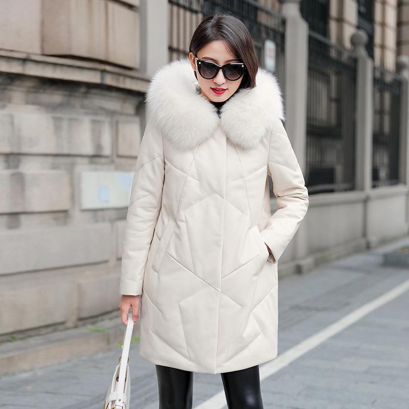 Women's Mid-Length 2025 Winter Sheepskin Down Jacket with Genuine Leather and Fox Fur Hood Collar