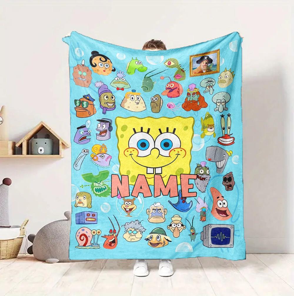 Custom Name SpongeBob Friends Flannel Blanket Throw Blanket Soft Warm Sofa Bed Decor Unique Gift
