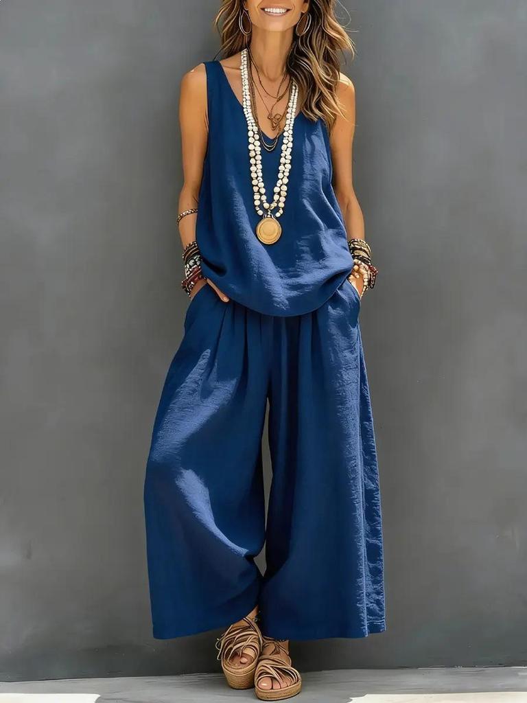 Solid Color Women's V-Neck Sleeveless Vest & Two-Piece Set for Cross-Border E-commerce.
