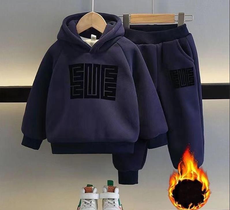 Kids Sweatshirts Sets Winter Children Plus Velvet Thick Warm Suit Boys Girls Hooded Pullover+Pants 2Pcs Cotton Tracksuit Outfits