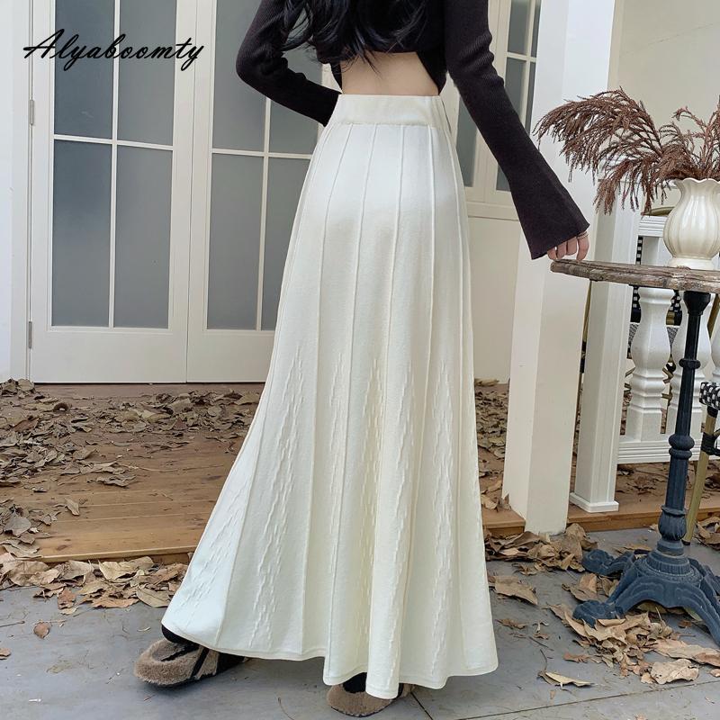 Elegancka Moda Jesień Zima Damska Długa Spódnica Maxi Plisowana Elastyczny Pas Beżowa Czarna Dzianinowa Spódnica Dzianinowa Gruba Ciepła Podstawowa Spódnica Damska