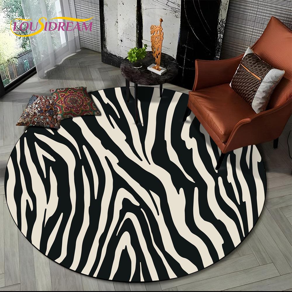 3D Barevný Pruhovaný Vzor Zebra Kulatý Koberec pro Obývací Pokoj, Ložnici, Dětský Herní Koutek Dekor, Protiskluzová Podložka do Zóny pro Domácí Mazlíčky