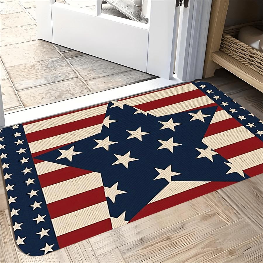 Red and White Striped and Blue Background Five-pointed Star Pattern Floor Mat Suitable for Family Living Room Kitchen Bedroom