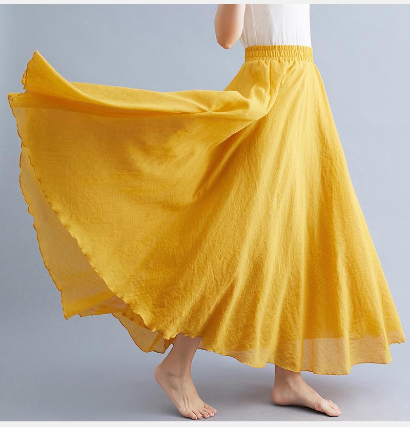 "Mori Girl Plus Size Cotton-Linen Elastic Waist A-Line Skirt, Ethnic Style, 24 Solid Colors"