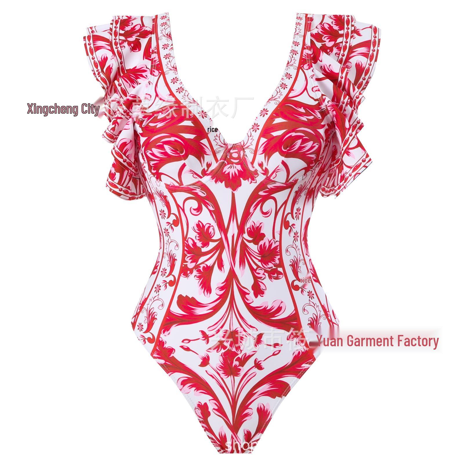 

Женский купальник с V-образным вырезом, оборками и цветочным принтом, 2025: Стильная корректирующая пляжная одежда XXXL