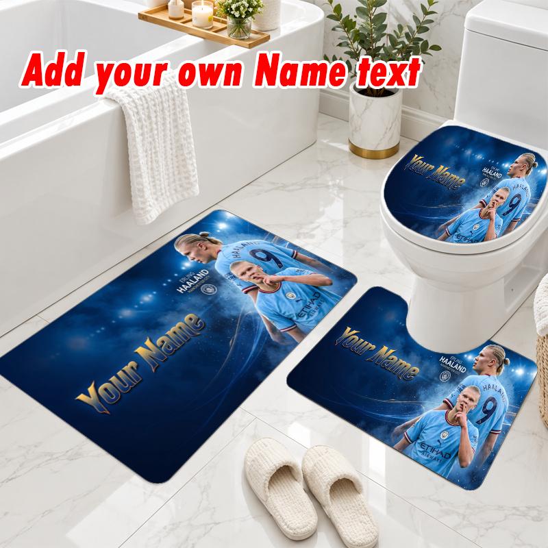Personalized Erling Haaland 3Pcs Flannel Toilet Mat Set Custom Text Bathroom Rug Non Slip