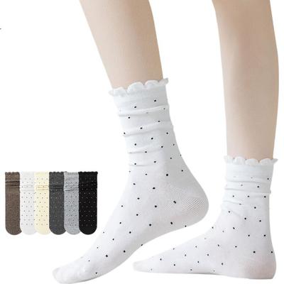 6 Pairs of Women's Socks, Summer Cute Lace Mid-Calf Socks, Student Ladylike Style Cotton Socks, Polka Dot Slouchy Socks