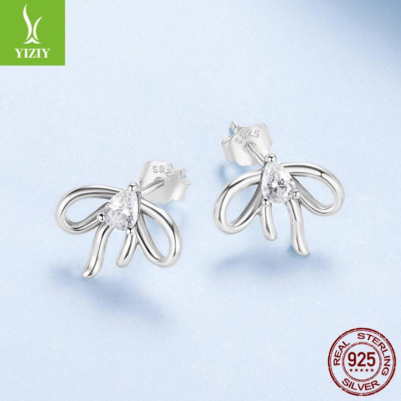 Water Drop Zircon Bow Stud Earrings, Elegant And Romantic Girl'S Heart S925 Sterling Silver Stud Earrings.