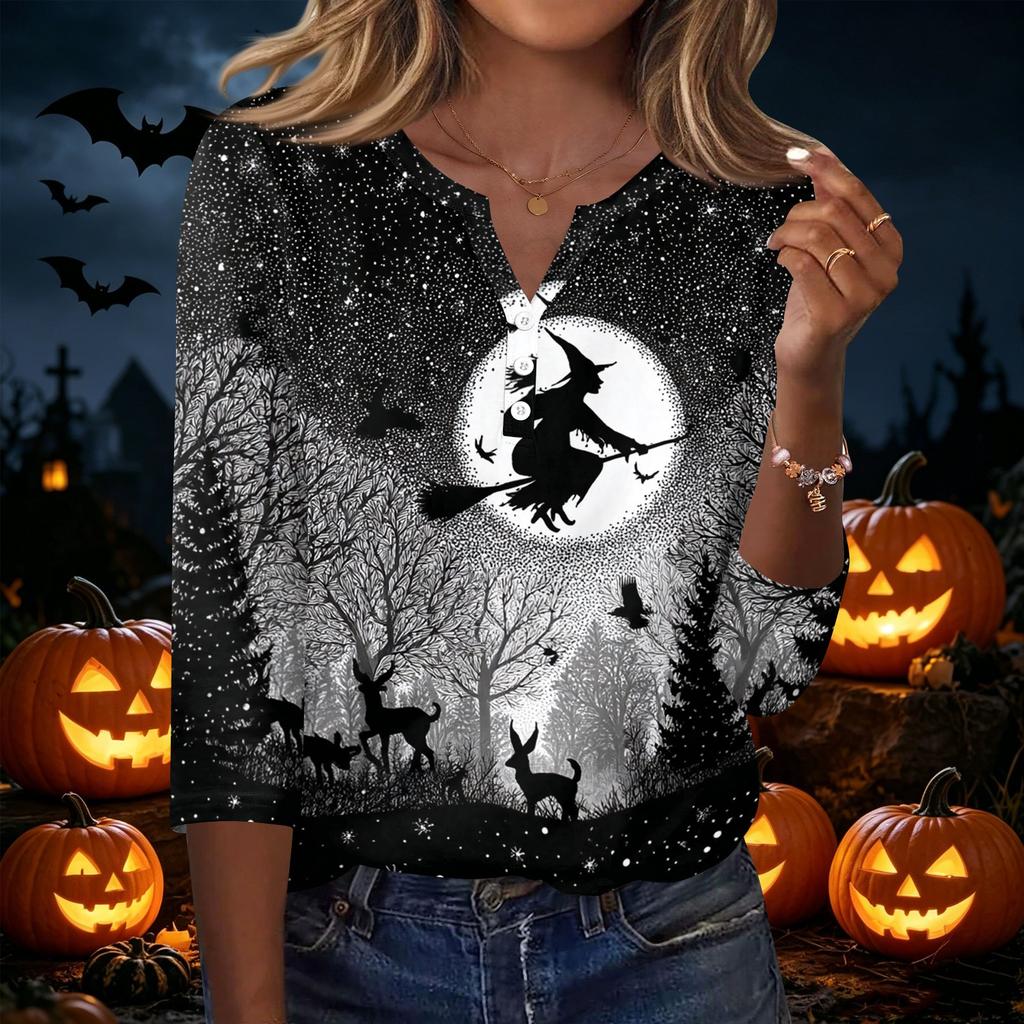 Women's Casual Halloween Print V Neck Button Front Three Quarter Sleeve T Shirt Top for Fall Seasonal Wear