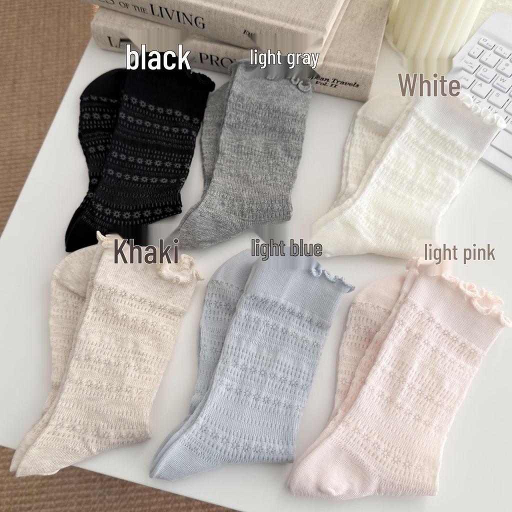 Ballet-Style Lace Mid-Calf Cotton Socks for Women - Trendy Korean/Japanese Design, Hollow Breathable, Perfect for Spring and Autumn