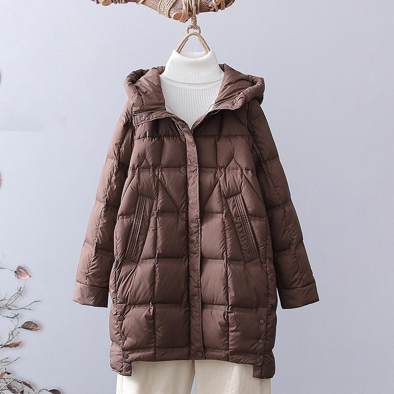 Fashion winter medium and long white duck down jacket women's fashion foreign style thick pressure glue hooded down warm jacket