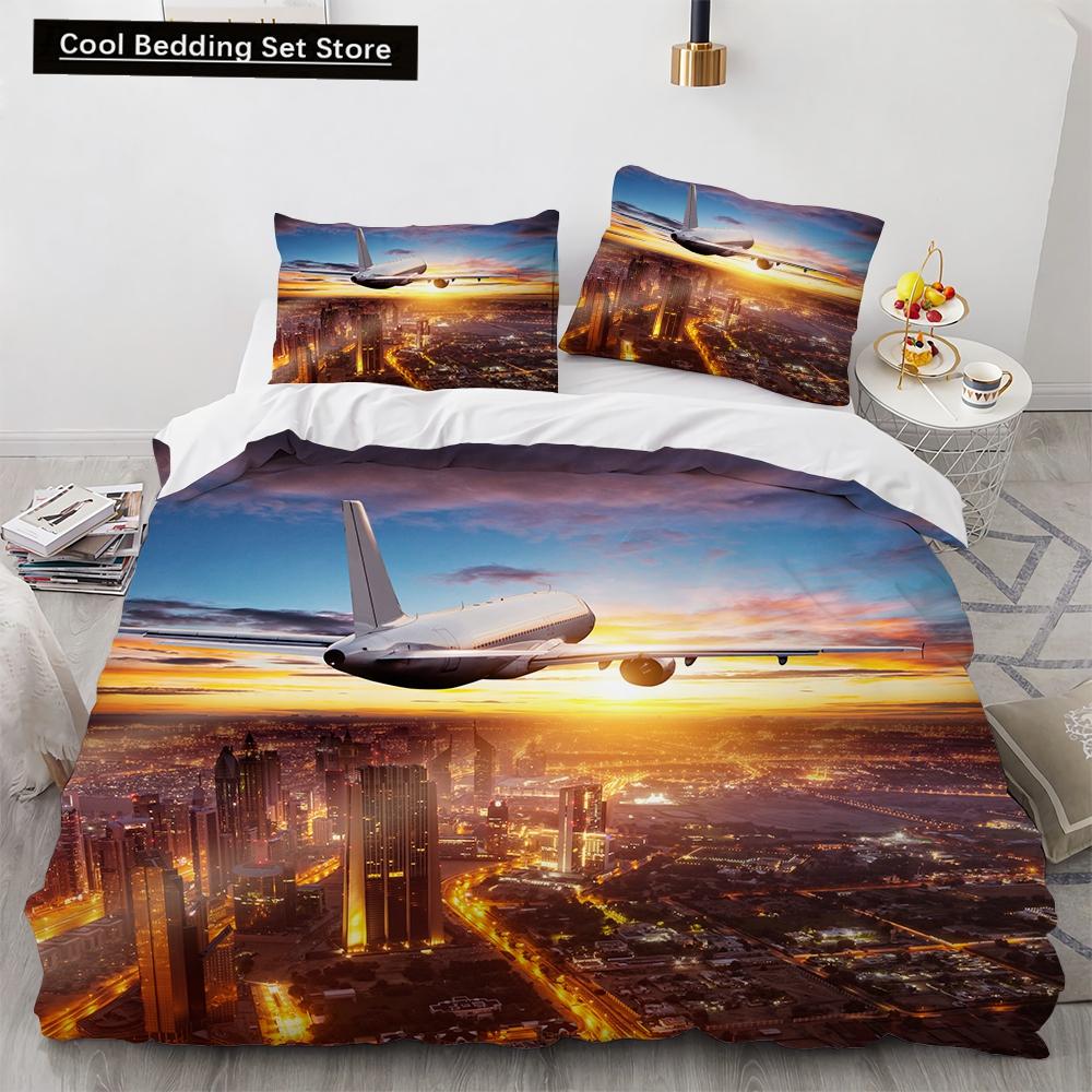 3D Airplane King Queen Duvet Cover Pink Airliner Bedding Set for Adults Sky Sea Natural Landscape 2/3pcs Polyester Quilt Cover