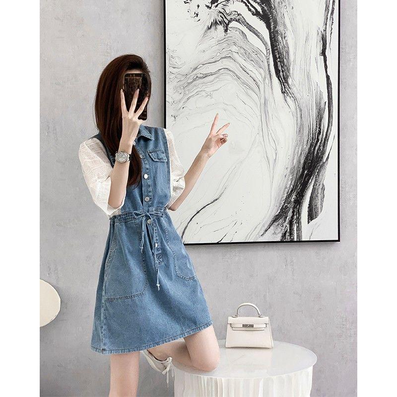 Summer French Style Denim Dress Women Casual Polo Collar Slim Fit Youthful Fashion
