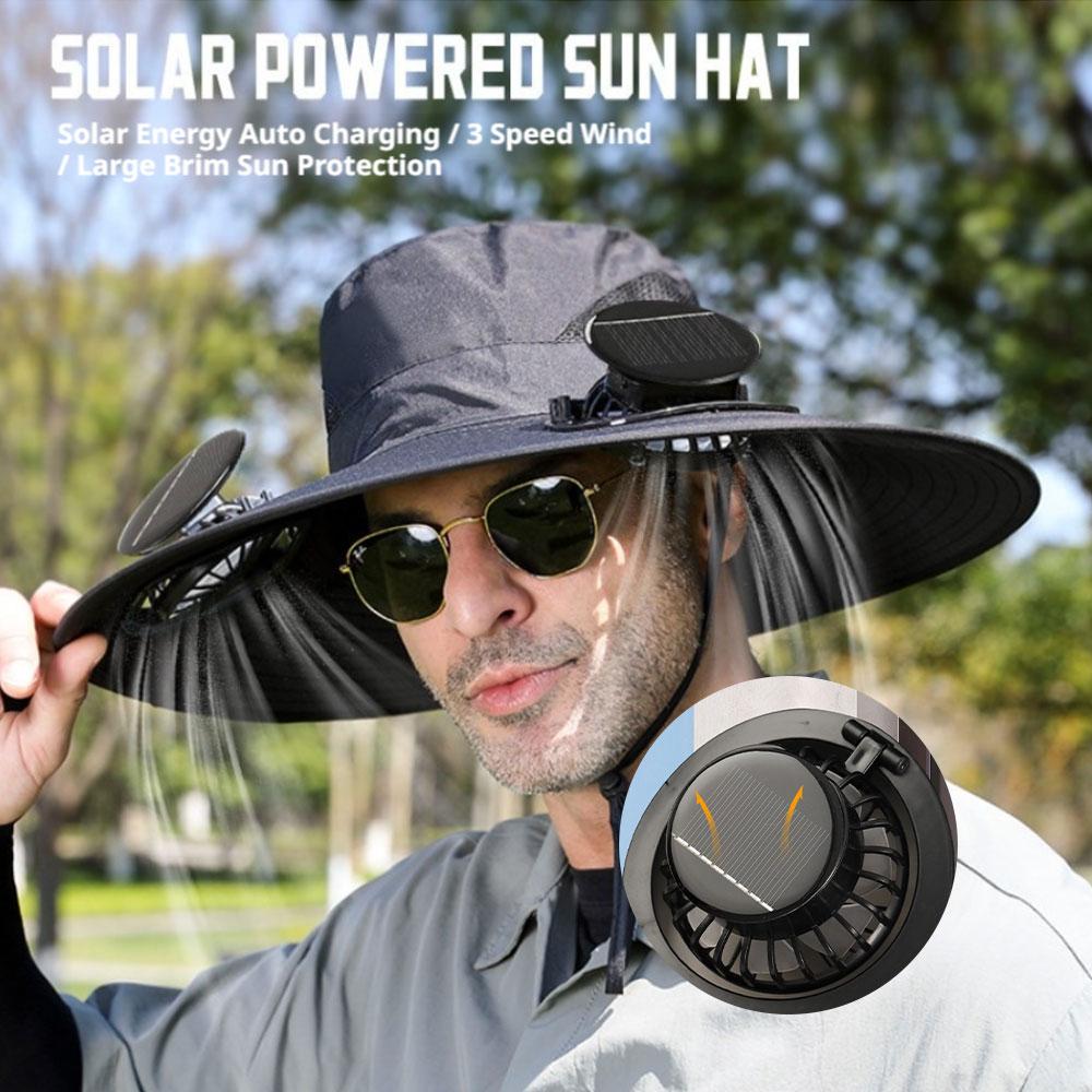 Outdoor Summer Sun Hat With 2 Solar Fan Large Wide Brim Sun Protection Hat For Outdoor Fishing Hiking Camping Travel Cooling Cap
