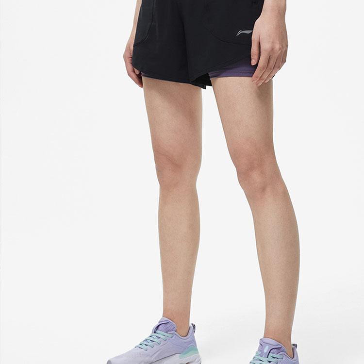 Li Ning Running Series Logo Print Solid Color Elastic Fitness Shorts Women Shorts Black AKST264-4