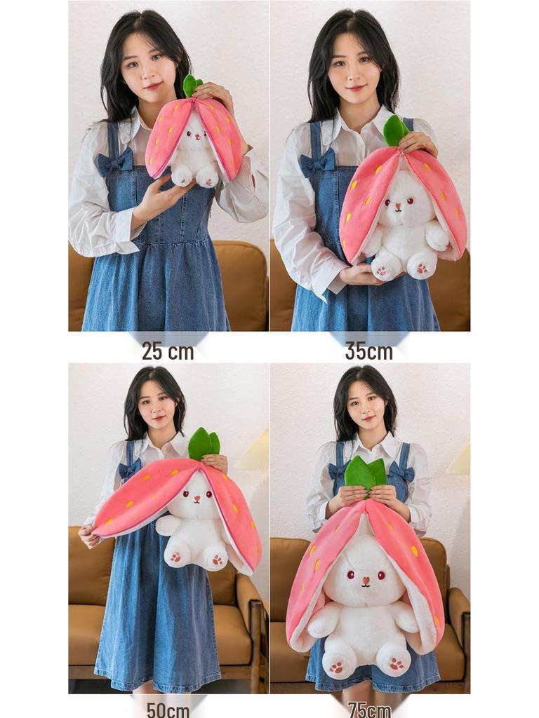 Strawberry Bunny Plush Toy with Big Ears and Carrot Stuffed Doll