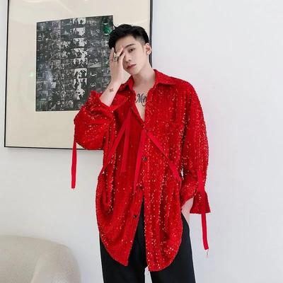 Pánská třpytivá košile s flitry Oversized Dlouhý rukáv Párty top s bočním detailem na zavazování