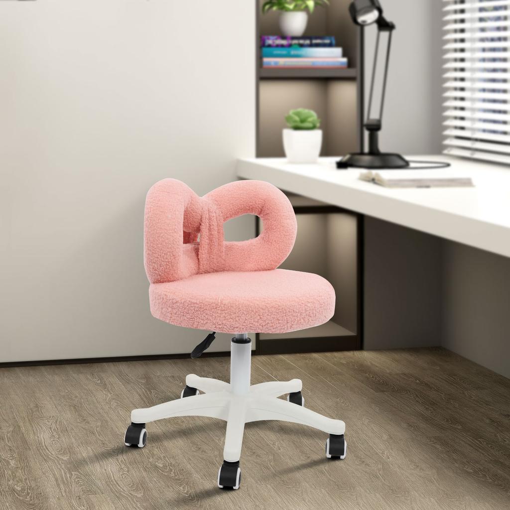 Pink Lamb Fur Swivel Chair, Bow Backrest, Adjustable Rolling Makeup Vanity Chair, Height 37-47cm, Soft Plush Office Desk Chair