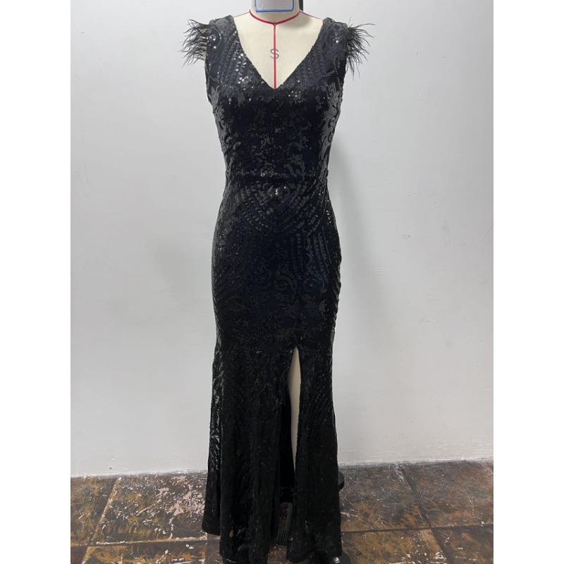 Women Black Slim Sequined Evening Banquet Party Long Dress