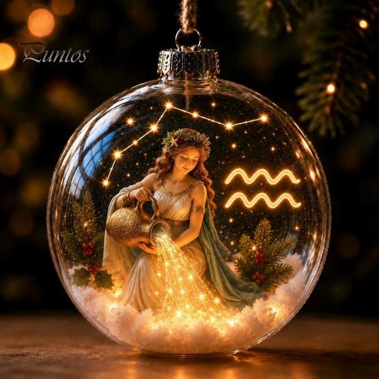 Holiday Ornaments for Bedroom Lighted Zodiac Christmas Ornament, Glowing Sign Ball with Warm LED, Xmas Tree Hanging Decorations 3D Clear Acrylic
