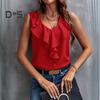 Women Vest Solid Color V-Neck Ruffle Trim Sleeveless Blouse Loose Fit Summer Pullover Tops Daily Wear